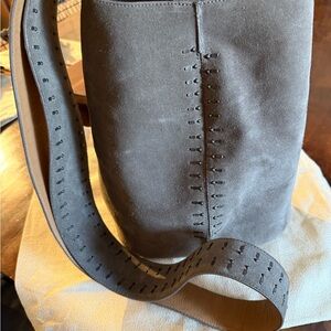 Charcoal Suede Bucket Bag with Perforated Strap